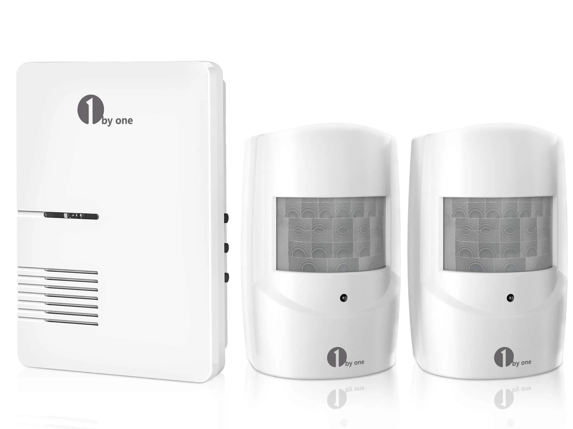 1byone Driveway Alarm System with 2 PIR Sensors & 1 Plug-in Receiver | 300m Wireless Range, 36 Melodies - main product image