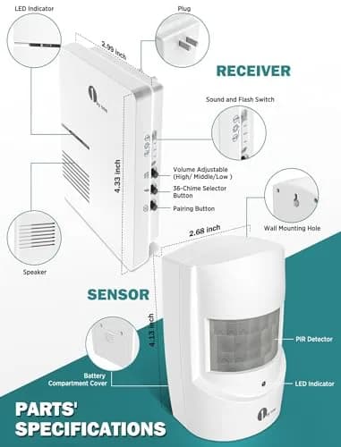 1byone Driveway Alarm System with 2 PIR Sensors & 1 Plug-in Receiver | 300m Wireless Range, 36 Melodies thumbnail 6