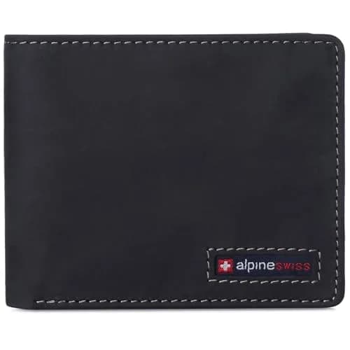 Alpine Swiss Mens Wallet for Men | RFID Protected Leather Bifold | Nubuck Black | 14 Pockets thumbnail 1