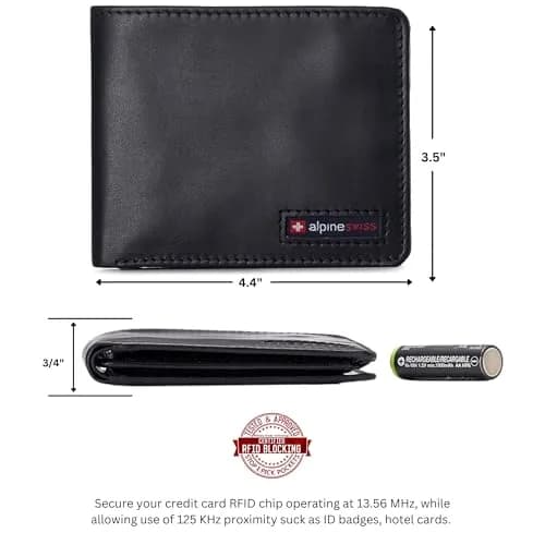 Alpine Swiss Mens Wallet for Men | RFID Protected Leather Bifold | 14 Card Pockets | Gift Box | 2 ID Windows | Glossy Nappa Black thumbnail 3