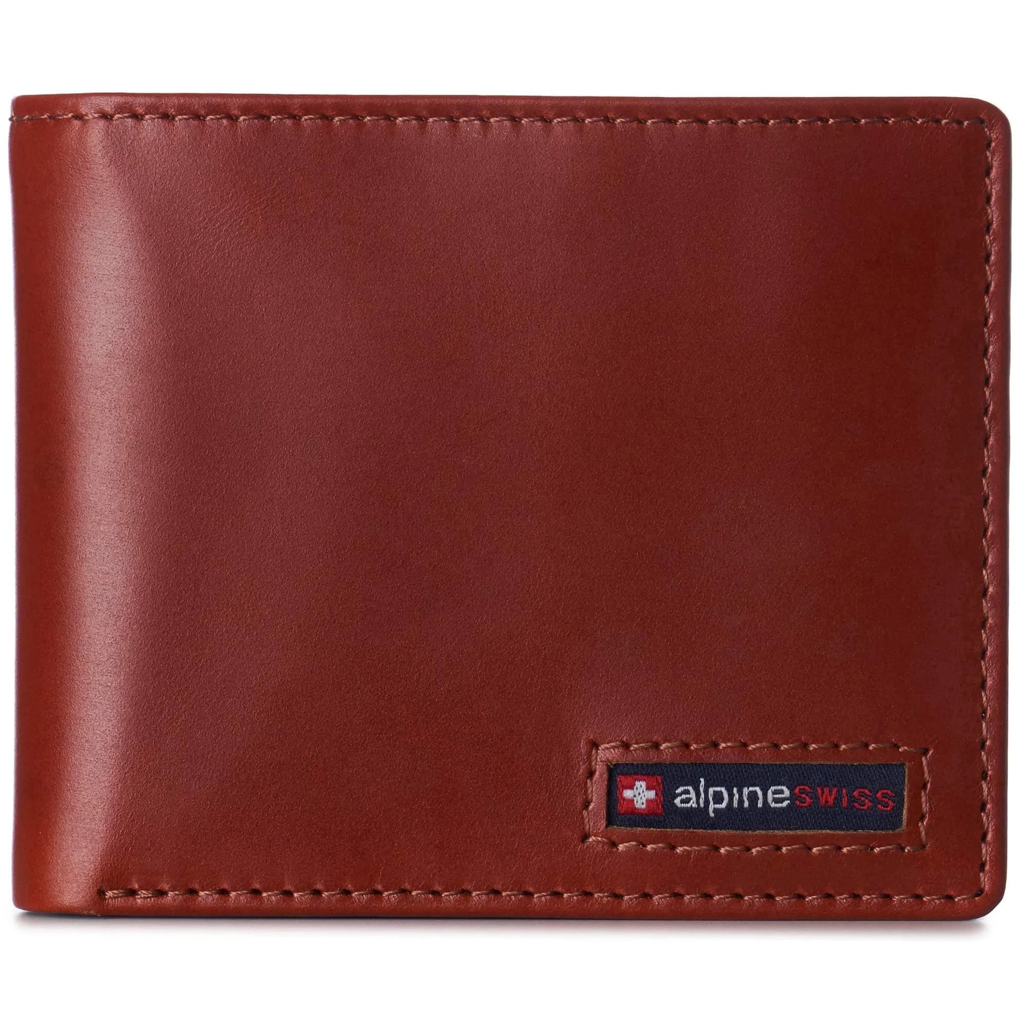 Alpine Swiss Spencer RFID Protected Leather Bifold Wallet | Black, 14 Card Pockets — Glossy Nappa Tan