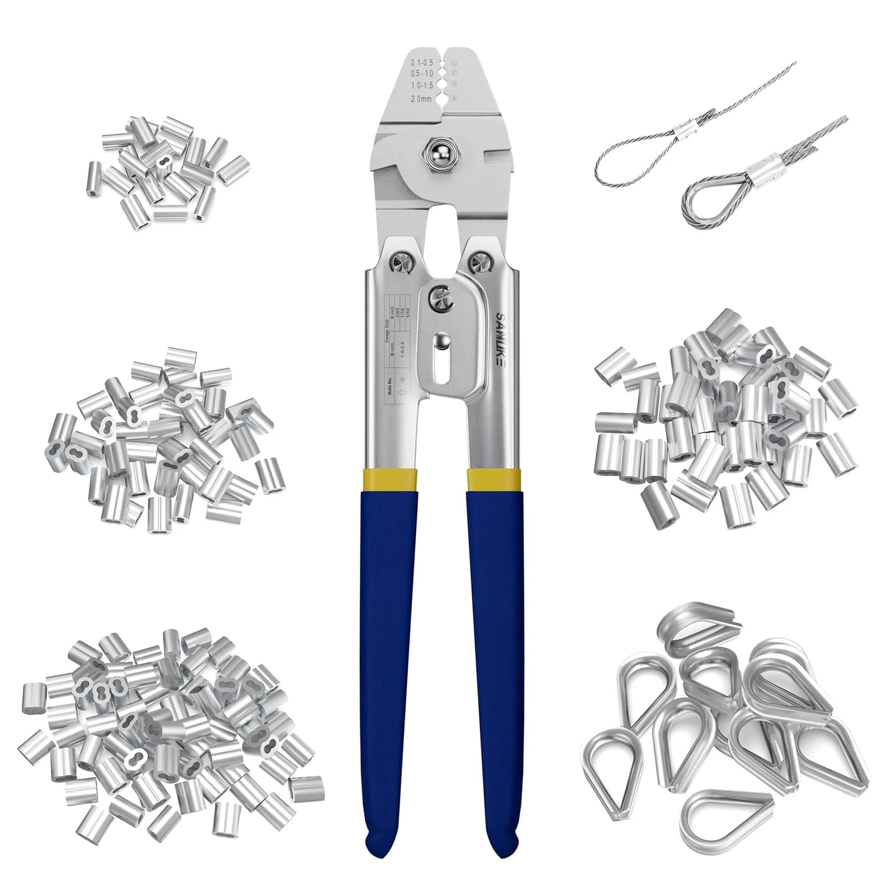Sanuke Wire Rope Crimping Kit with 160pcs Ferrule Sleeves & 10pcs Steel Thimbles | 2.2mm Cable Swaging Tool — 160pcs Sleeves+Crimper