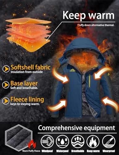 TACVASEN Men's Ski Jacket with Fleece Lining & Detachable Hood - Navy Medium | Water-Resistant & Windproof thumbnail 3