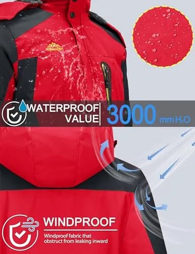 TACVASEN Men's Waterproof Ski Jacket Red XL | Windproof Fleece Lined Snowboard Coat thumbnail 2