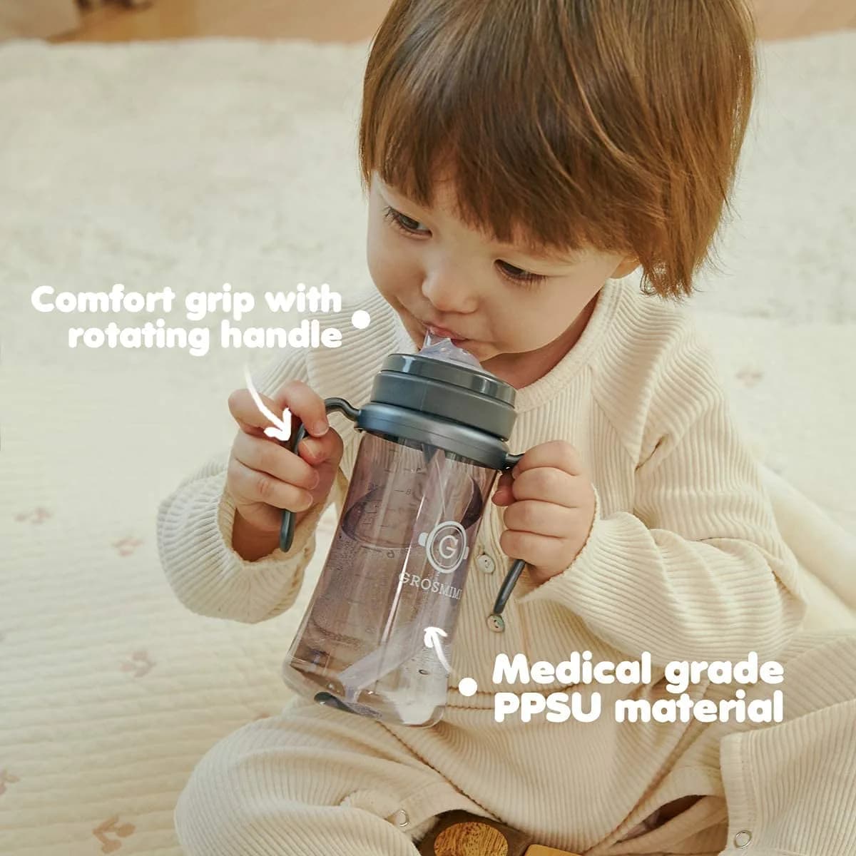 GROSMIMI Spill Proof Sippy Cup with Straw & Handle for Babies 6+ Months, 180ml (6 oz) Sky Blue | Leak-Free & BPA-Free - view 3