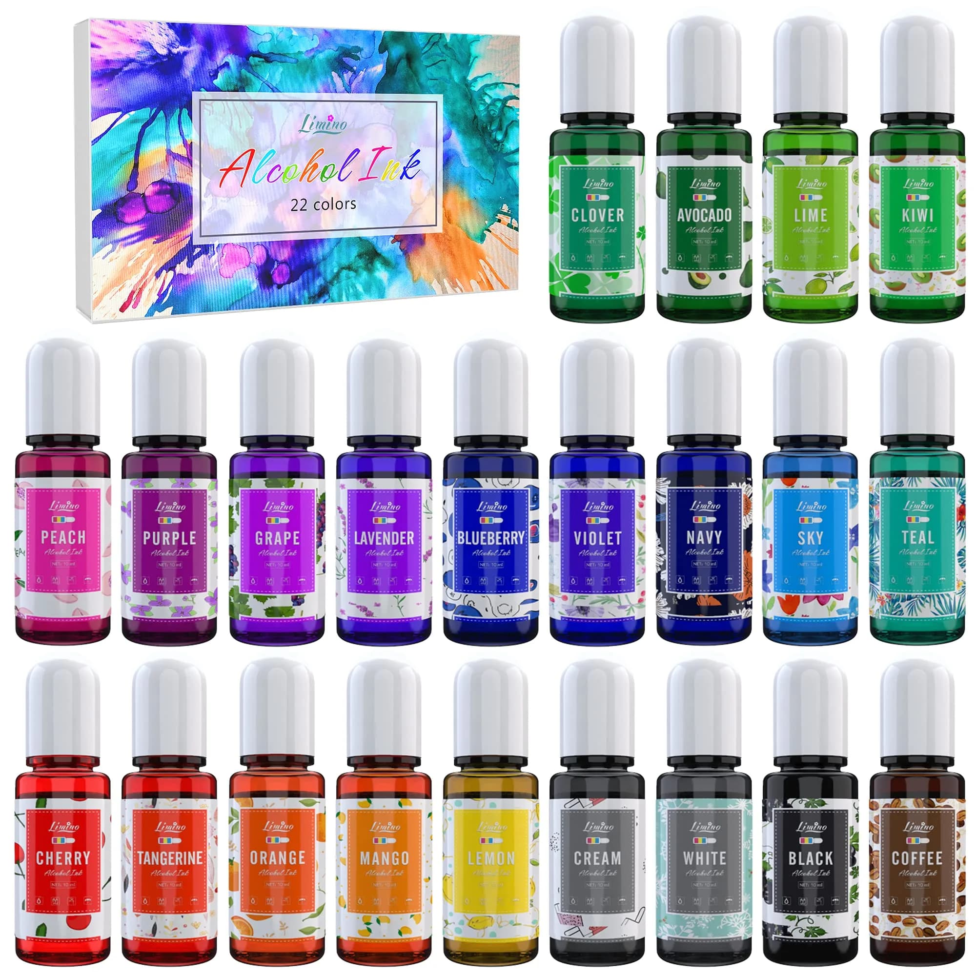 Limino Alcohol Ink Set 22 Colors 220ml (7.44 Fl Oz) | Highly Pigmented for Resin Art & Crafts