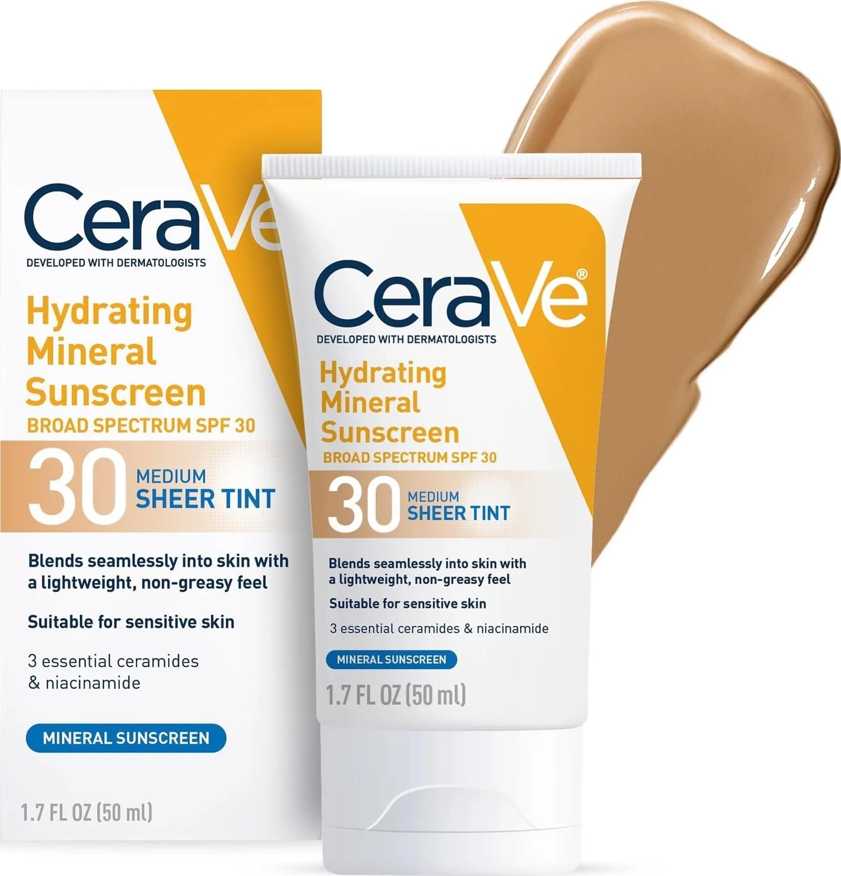 CeraVe Tinted Sunscreen SPF 30 Moisturizer Medium 1.7 Fl Oz (50 ml) | Dermatologist-Developed Mineral Sunscreen - main product image