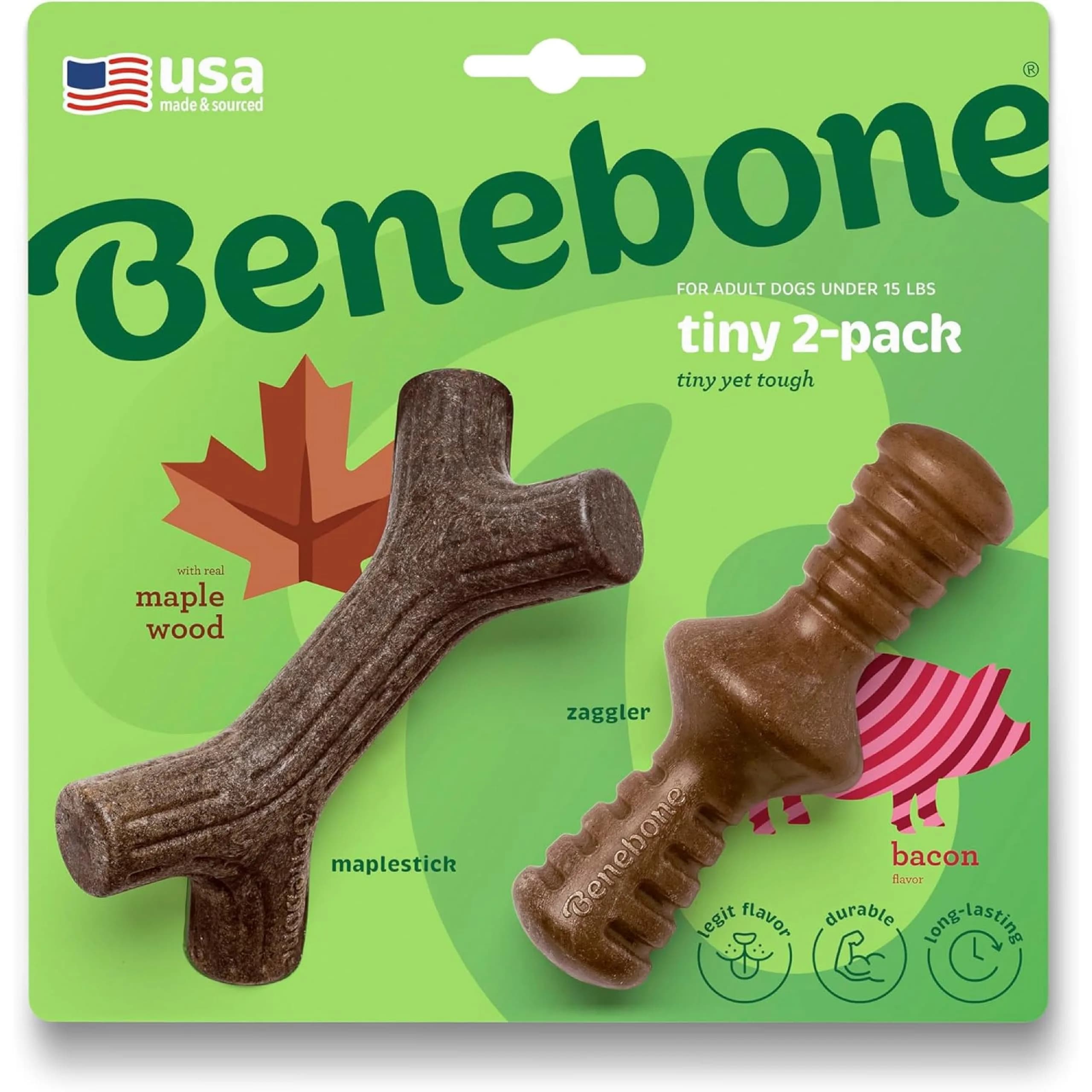 Benebone 2-Pack Maplestick/Zaggler Durable Dog Chew Toys, Tiny, 3.8 oz (108 g) | Real Bacon & Maple Wood Flavors — Extra Small