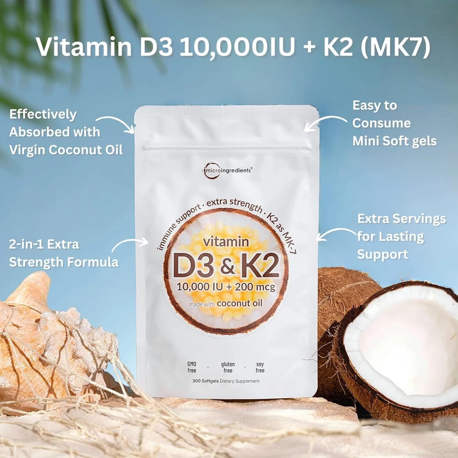 Micro Ingredients Vitamin D3 10,000 IU + K2 MK-7 Softgels with Coconut Oil, 300 Count | USA Import for Indian Wellness - view 2