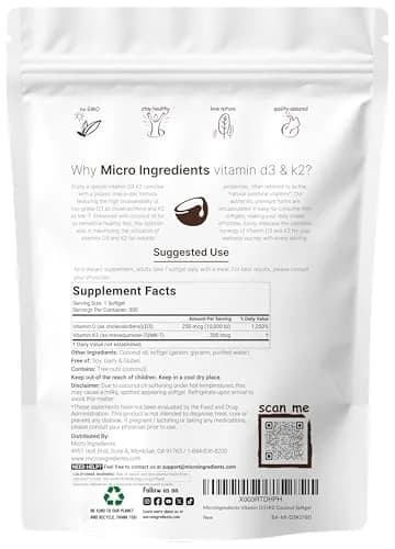 Micro Ingredients Vitamin D3 K2 MK-7 10,000 IU 300 Softgels | Bone Health Support with Coconut Oil thumbnail 4