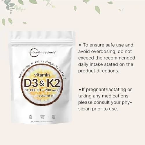 Micro Ingredients Vitamin D3 K2 MK-7 10,000 IU 300 Softgels | Bone Health Support with Coconut Oil thumbnail 7