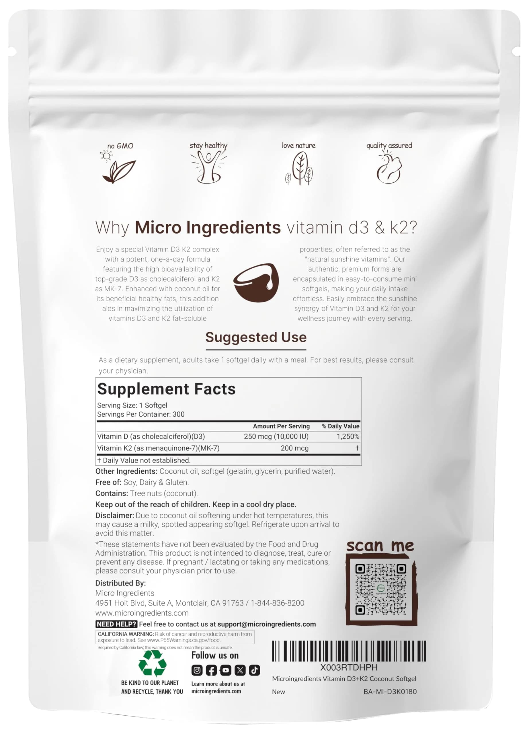 Micro Ingredients Vitamin D3 10,000 IU + K2 MK-7 Softgels with Coconut Oil, 300 Count | USA Import for Indian Wellness - view 4