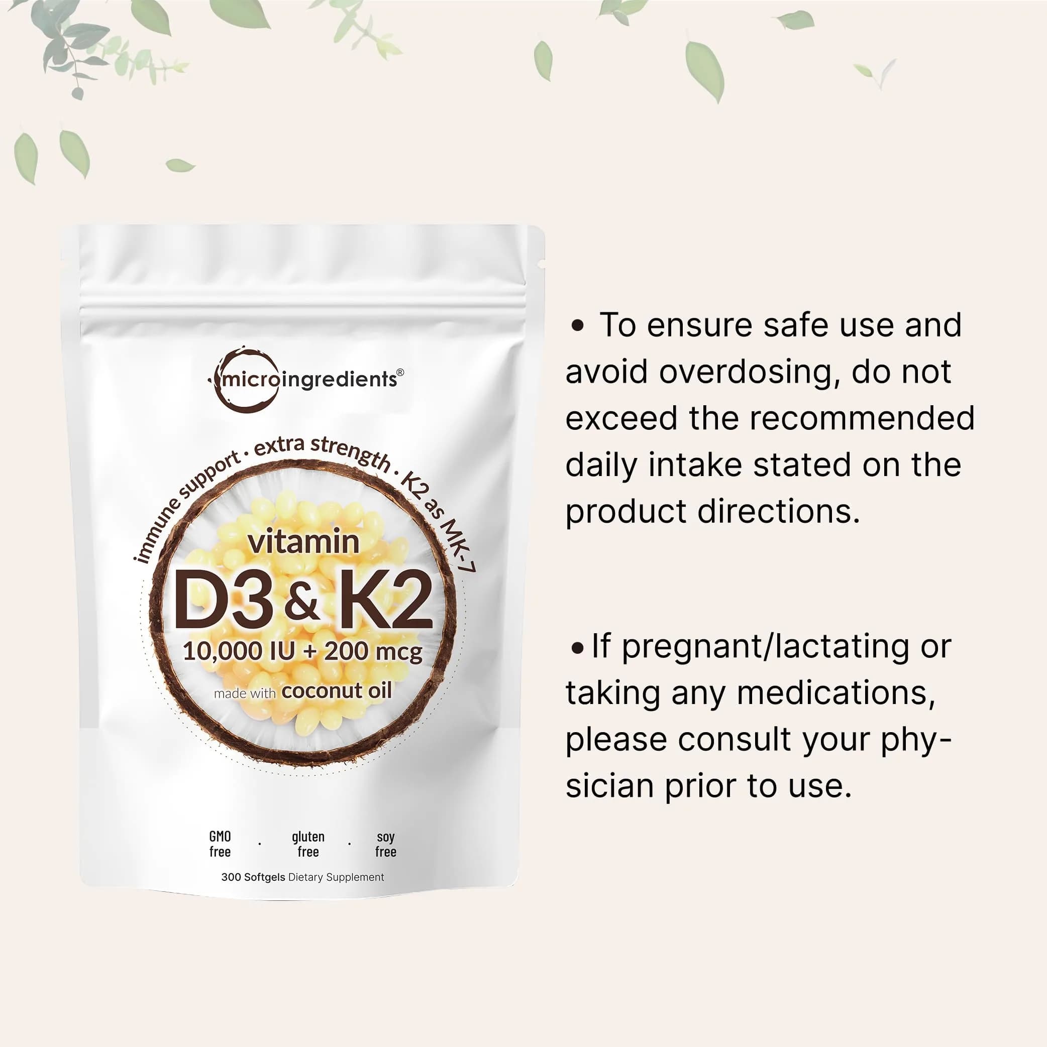 Micro Ingredients Vitamin D3 10,000 IU + K2 MK-7 Softgels with Coconut Oil, 300 Count | USA Import for Indian Wellness - view 7