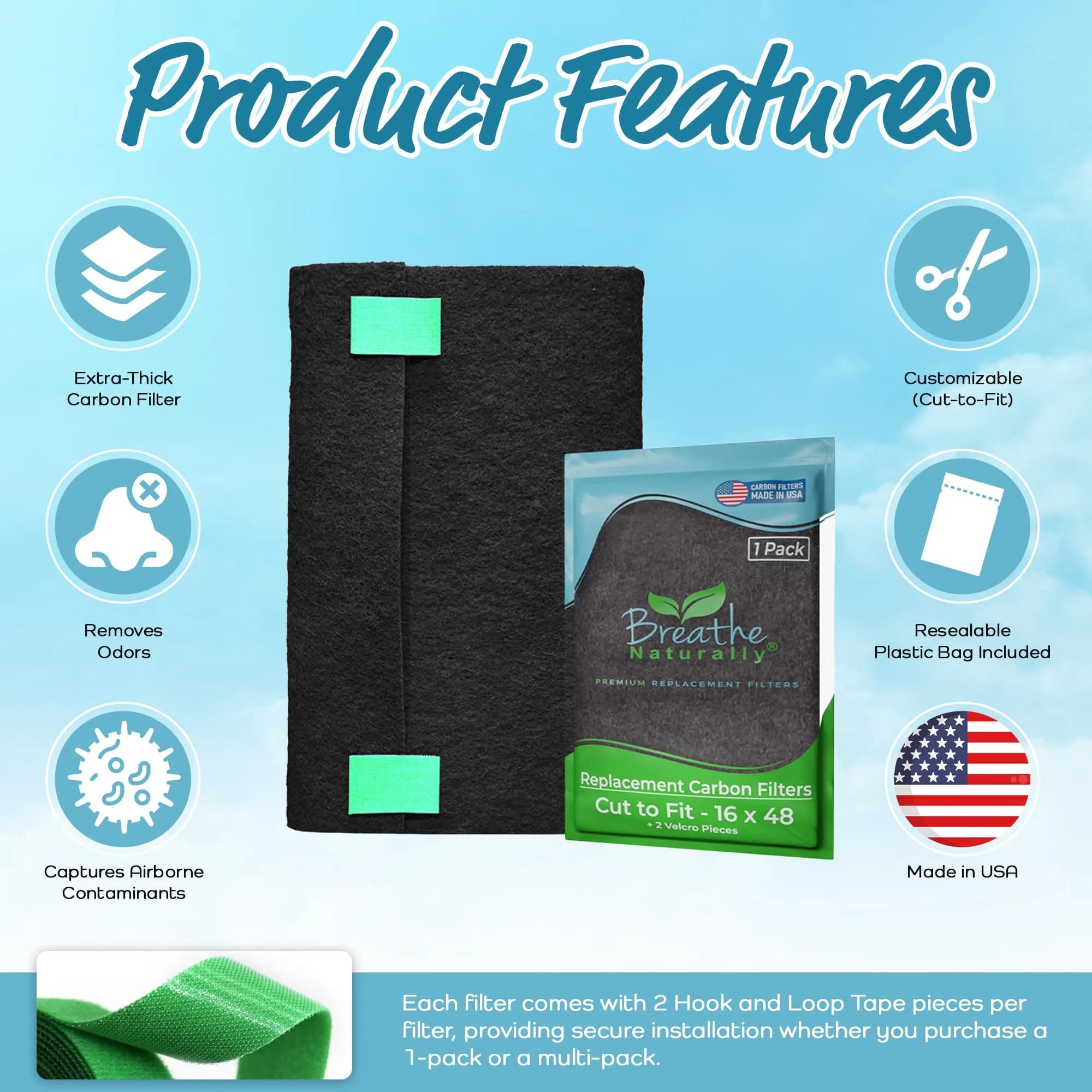 Breathe Naturally Universal Cut-to-Fit Carbon Activated Air Filter 16x48 inches (40.6cm x 121.9cm) | Captures Smoke, Odors & Pollutants - view 4