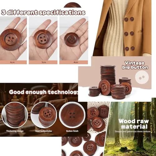 Chenkou Craft 20pcs Large Size 50mm (2") Light Brown Round Wood Buttons | 4 Holes for Sewing & Crafting thumbnail 3