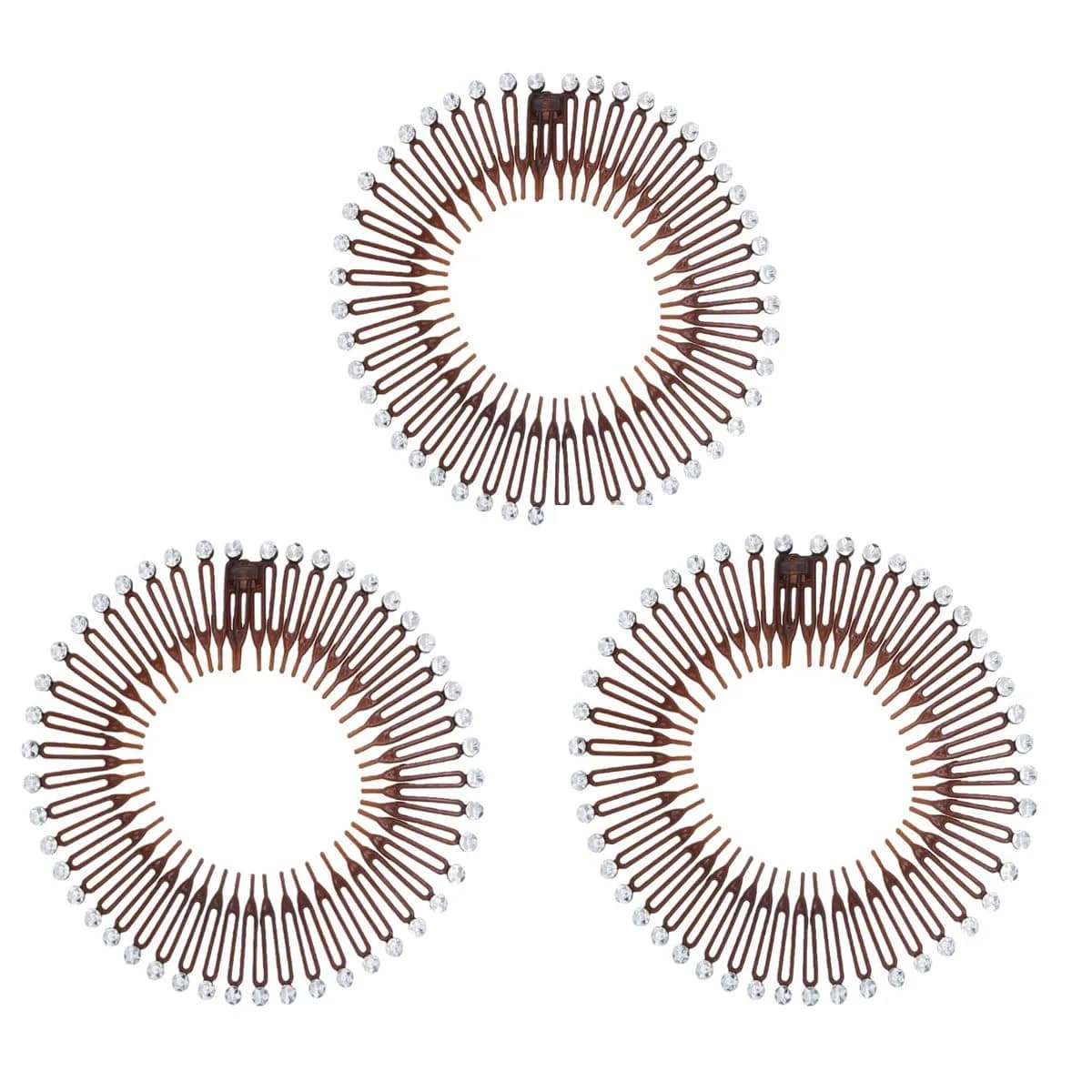 TUICARE Full Circular Stretch Hairband Holder with 49 Teeth, Brown with Diamond (3-Pack) | Secure Hold for All Hair Types — Brown with diamond (3pcs)