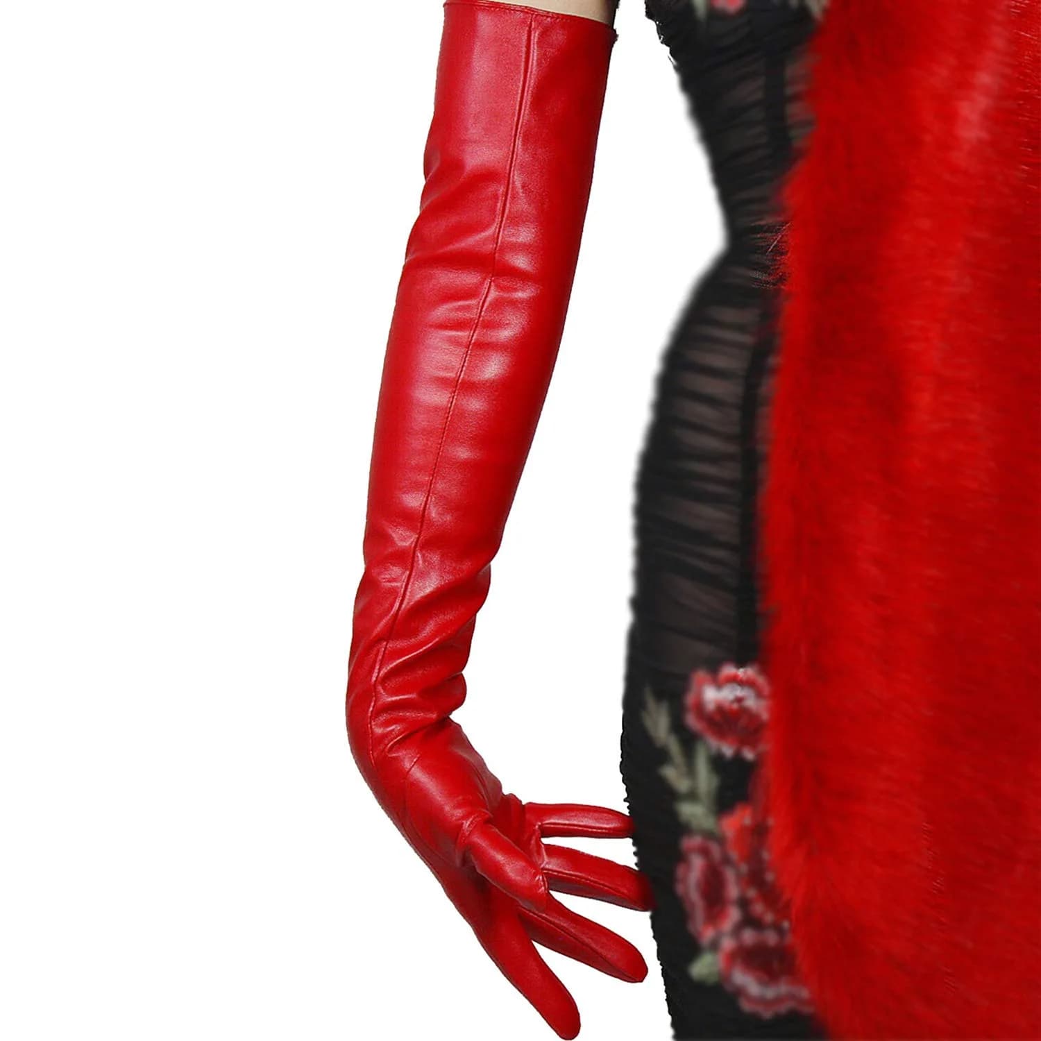 DooWay Red Long Leather Gloves - 24" Women's Faux Leather Opera Gloves for Evening, Halloween, Cosplay