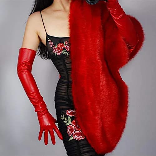 DooWay Red Long Leather Gloves - 24" Women's Faux Leather Opera Gloves for Evening, Halloween, Cosplay thumbnail 2
