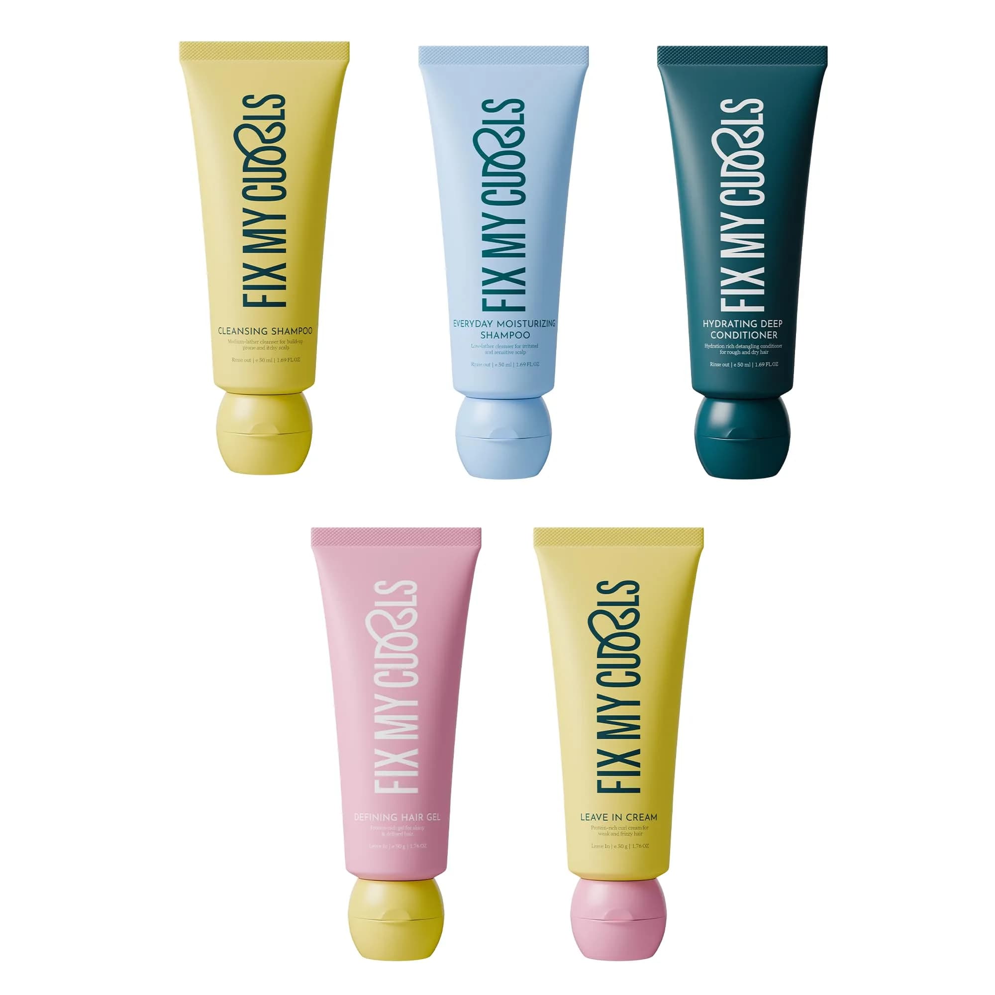 Fix My Curls Curl Kit | Shampoo, Conditioner, Curl Cream & Gel (Pack of 5) | For Curly, Wavy, Dry & Frizzy Hair | Sulphate & Silicone Free | 1.07 oz each — 1.07 Ounce
