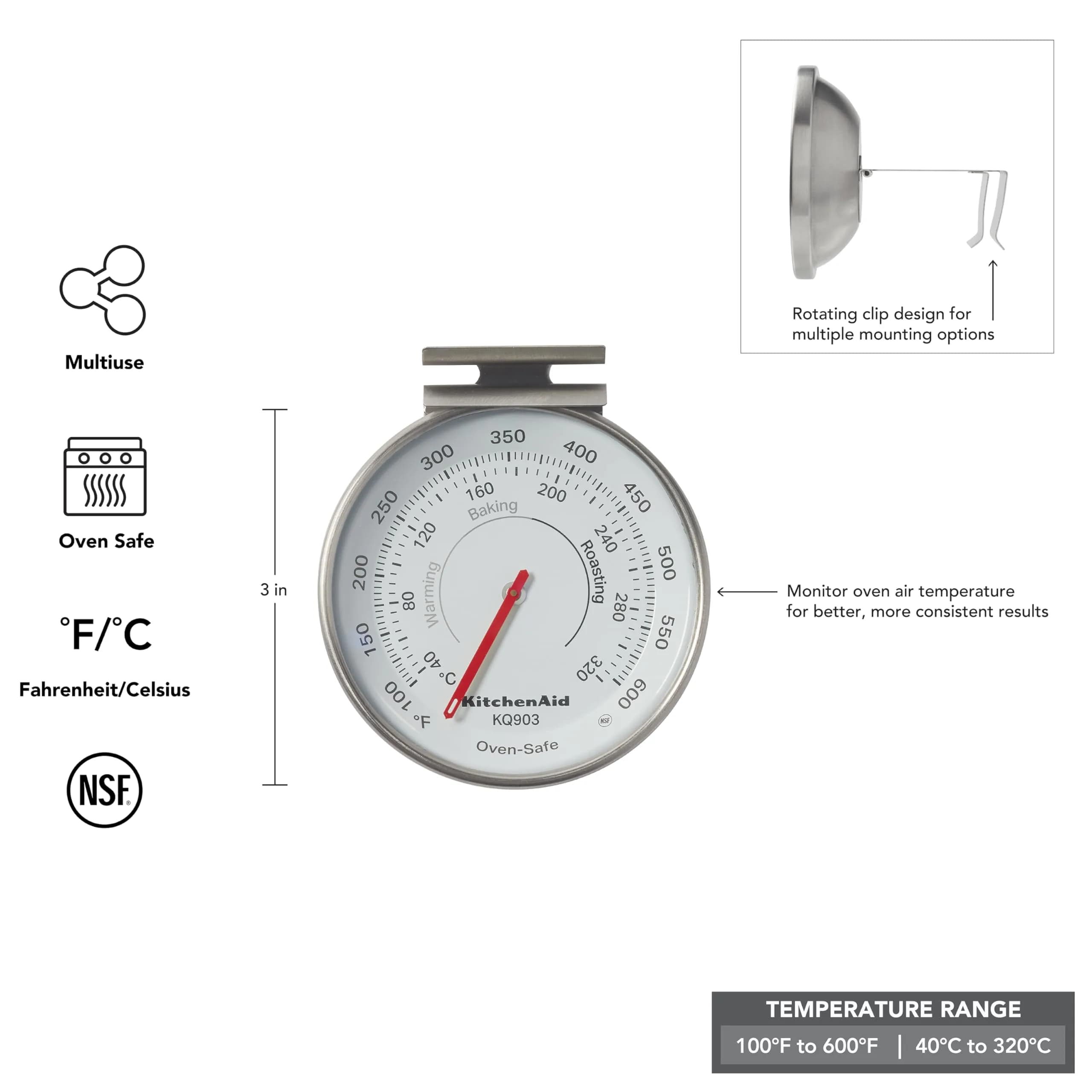 KitchenAid 3-inch Dial Oven Thermometer | 40°C to 320°C (100°F to 600°F) | Stainless Steel - view 2