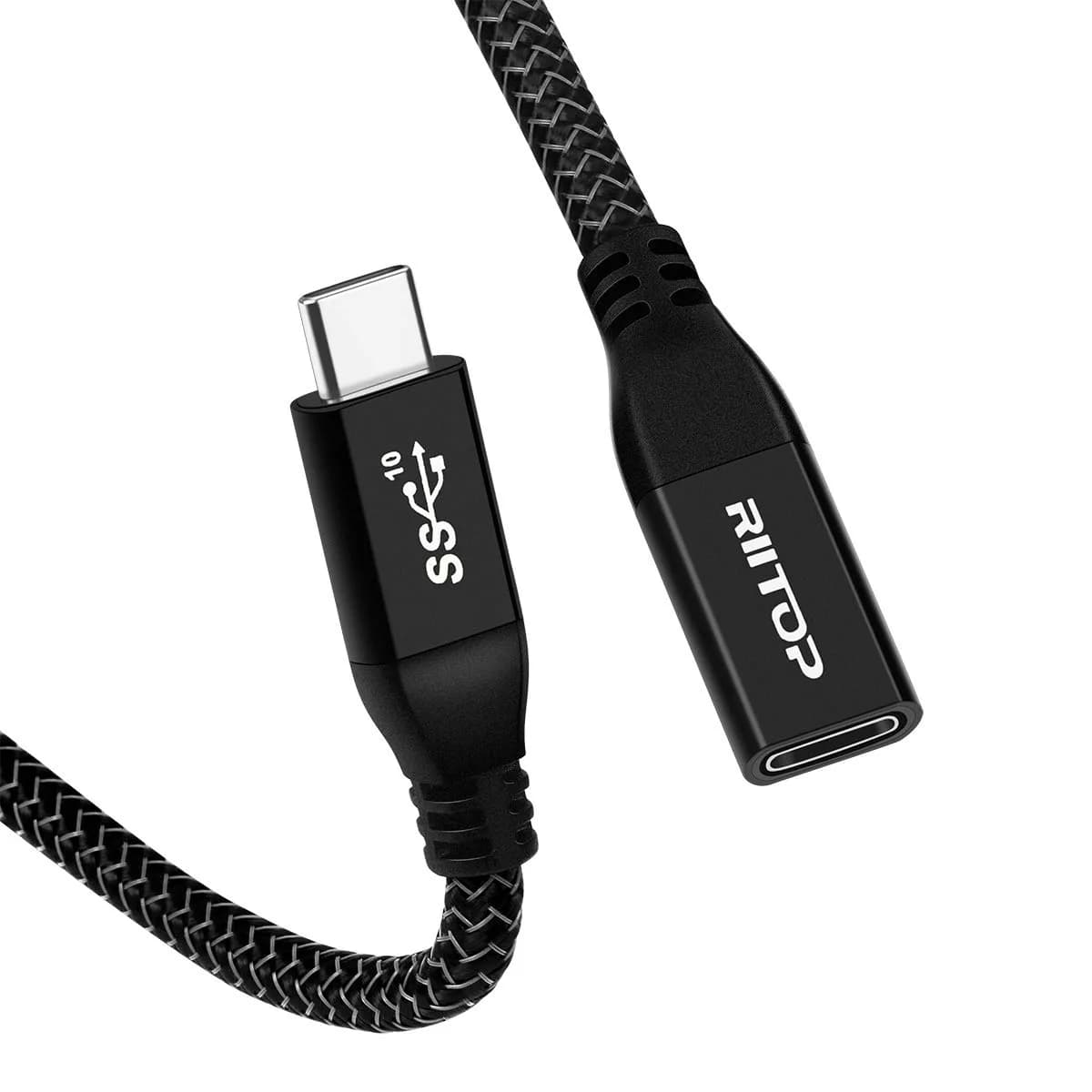 RIITOP USB-C Extension Cable 2ft (0.6m) | 10Gbps Data Transfer & 100W Charging — Black 2ft