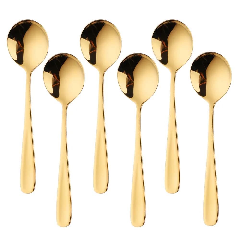 Buyer Star 7-Inch Round Soup Spoons, 18/10 Stainless Steel, Set of 6 | Gold Finish