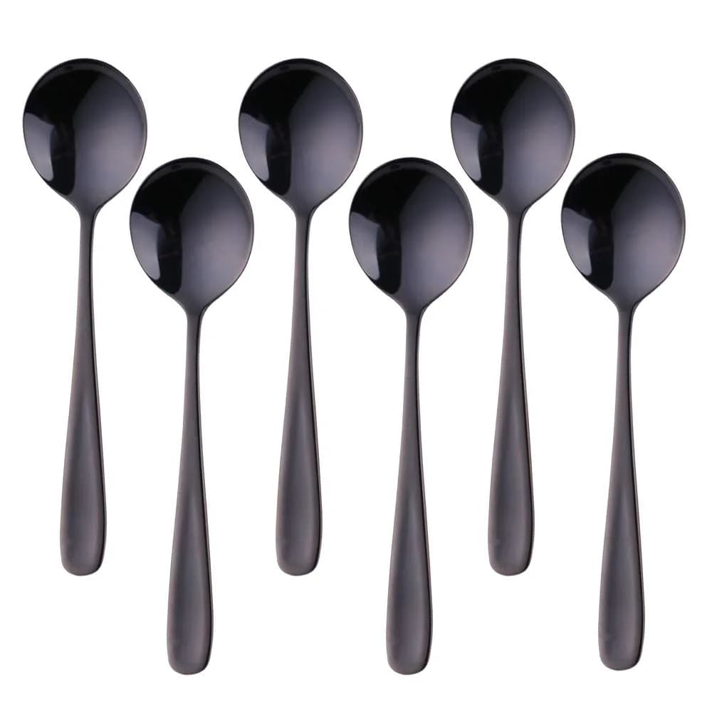 Buyer Star 7-Inch Round Soup Spoons Set, 18/10 Stainless Steel, 6 Pieces | Magic Red Finish — Black