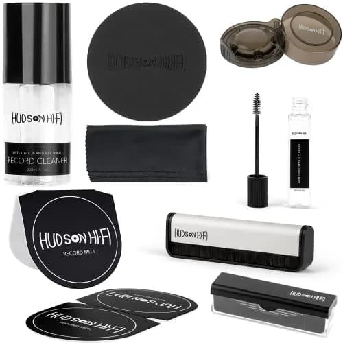 Hudson Hi-Fi 9-in-1 Vinyl Record Cleaning Kit – Anti-Static Cleaner, Carbon Fiber & Velvet Brushes, Stylus Gel, Microfiber Cloth, Mitts & Label Protector for LP Care thumbnail 1