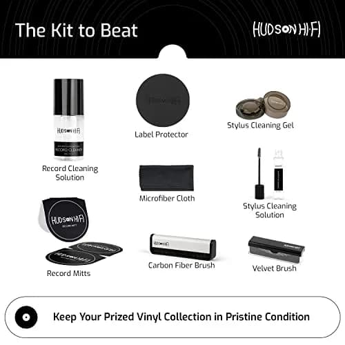 Hudson Hi-Fi 9-in-1 Vinyl Record Cleaning Kit – Anti-Static Cleaner, Carbon Fiber & Velvet Brushes, Stylus Gel, Microfiber Cloth, Mitts & Label Protector for LP Care thumbnail 3