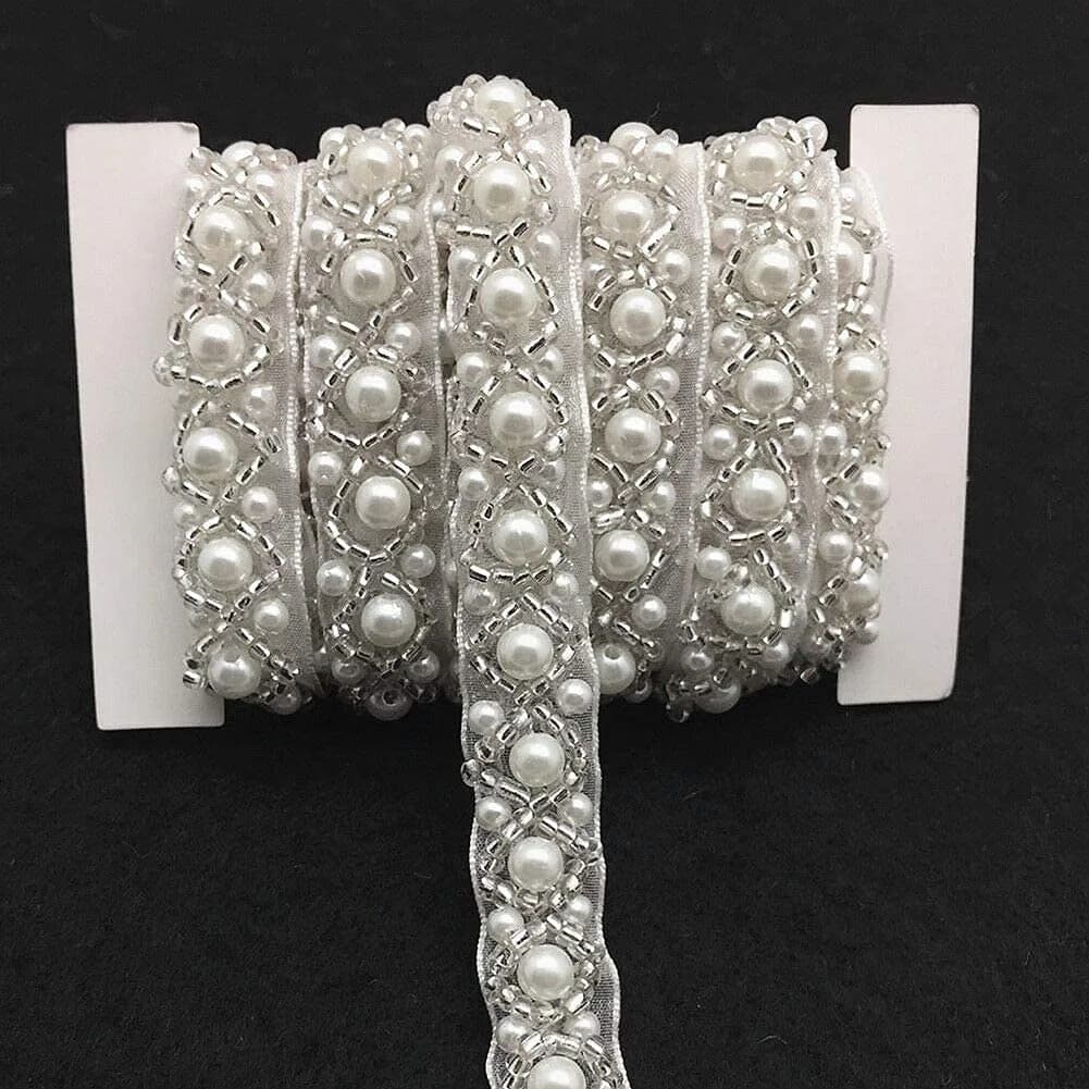 FQTANJU 3 Yards White Beaded Crystal Rhinestone Applique | Vintage Bridal Embellishment for Dress & Accessories