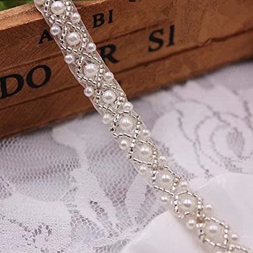 FQTANJU 3 Yards White Beaded Crystal Rhinestone Applique | Vintage Bridal Embellishment for Dress & Accessories thumbnail 3