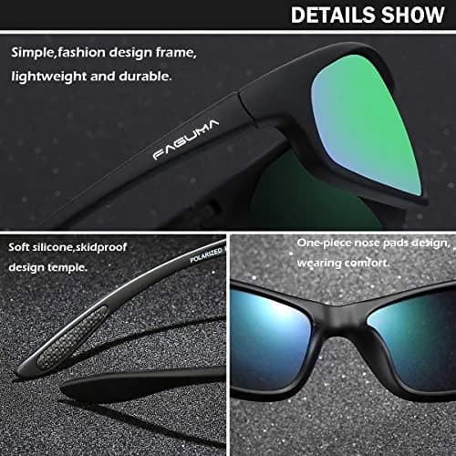 FAGUMA Polarized Sports Sunglasses For Men UV400 Protection Matte Black/Green Mirror | Polarized, Anti-Glare, Lightweight thumbnail 5