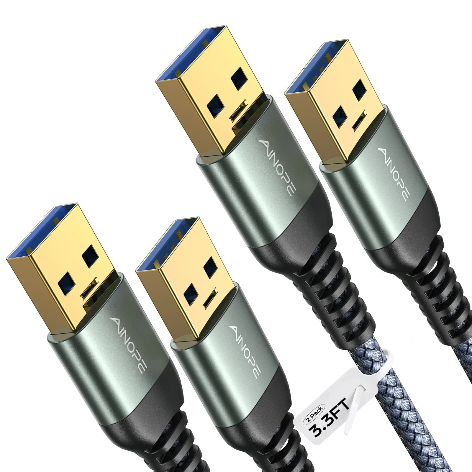 AINOPE USB to USB Cable 3.3FT | Double End Type A Cord for Data Transfer, Never Rupture, Compatible with External Hard Drives & Devices — Grey / 3.3FT+3.3FT