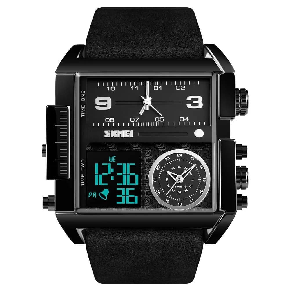 Gosasa Men's Square Large Face Digital Sports Watch with Triple Time Zone & LED Display, 51mm Case | Analog Quartz Movement