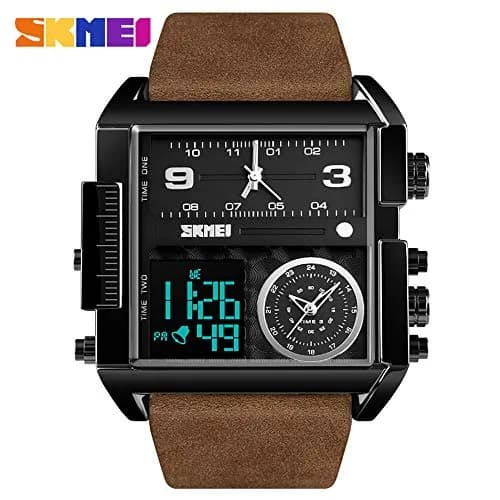 Gosasa Men's Square Large Face Digital Analog Quartz Watch 51mm (Black Coffee Belt) | Triple Time Zone Sports Watch thumbnail 5