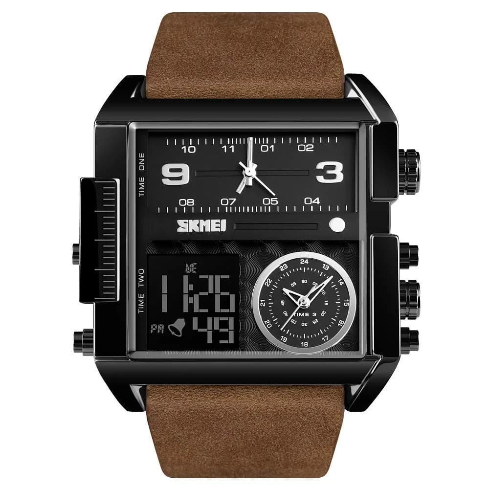 Gosasa Men's Square Large Face Digital Analog Quartz Watch 51mm (Black Coffee Belt) | Triple Time Zone Sports Watch — Black Coffee Belt