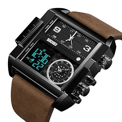 Gosasa Men's Square Large Face Digital Analog Quartz Watch 51mm (Black Coffee Belt) | Triple Time Zone Sports Watch thumbnail 2