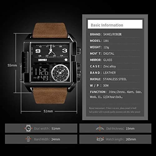 Gosasa Men's Square Large Face Digital Analog Quartz Watch 51mm (Black Coffee Belt) | Triple Time Zone Sports Watch thumbnail 3