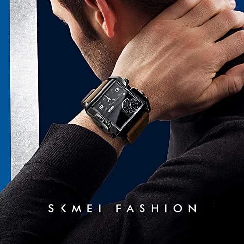 Gosasa Men's Square Large Face Digital Analog Quartz Watch 51mm (Black Coffee Belt) | Triple Time Zone Sports Watch thumbnail 4