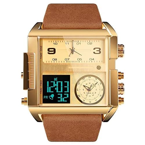 Gosasa Men's Square Large Face Digital Sports Watch, LED Analog Quartz, 50M Waterproof, Multi-Time Zone (Gold Brown) | Big Dial, Sporty thumbnail 1
