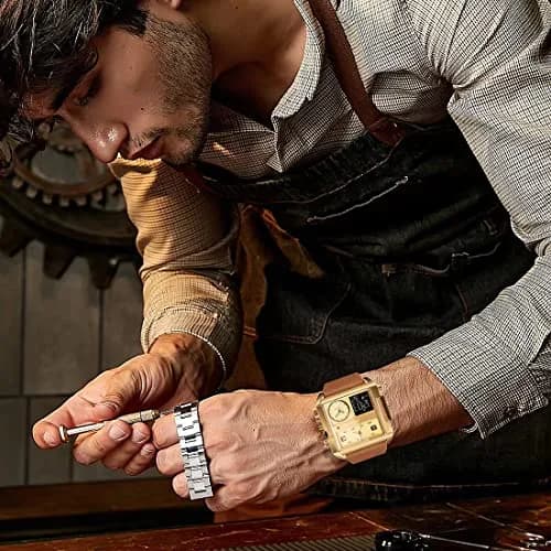 Gosasa Men's Square Large Face Digital Sports Watch, LED Analog Quartz, 50M Waterproof, Multi-Time Zone (Gold Brown) | Big Dial, Sporty thumbnail 4