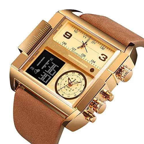 Gosasa Men's Square Large Face Digital Sports Watch, LED Analog Quartz, 50M Waterproof, Multi-Time Zone (Gold Brown) | Big Dial, Sporty thumbnail 2