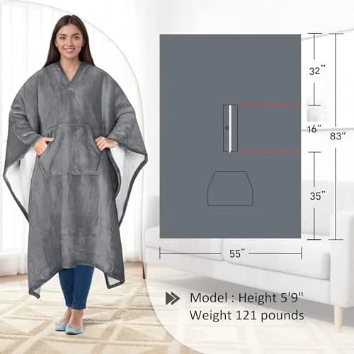 Catalonia Sherpa Wearable Poncho for Adults, Grey | Cozy, Soft, Unisex, No Sleeves thumbnail 7