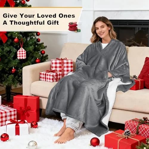 Catalonia Sherpa Wearable Poncho for Adults, Grey | Cozy, Soft, Unisex, No Sleeves thumbnail 2