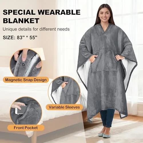 Catalonia Sherpa Wearable Poncho for Adults, Grey | Cozy, Soft, Unisex, No Sleeves thumbnail 3