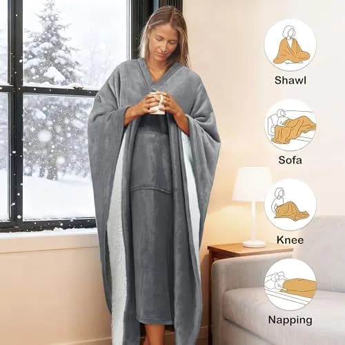 Catalonia Sherpa Wearable Poncho for Adults, Grey | Cozy, Soft, Unisex, No Sleeves thumbnail 4