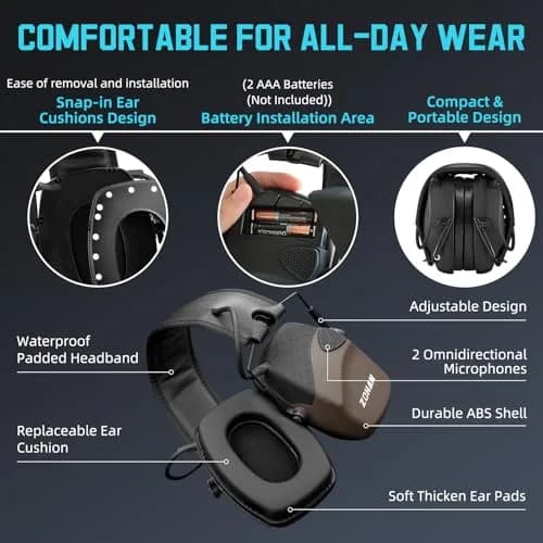 ZOHAN EM054 Electronic Ear Protection for Shooting Range with Sound Amplification Noise Reduction, Ear Muffs for Gun Range (Brown) - NRR 22dB thumbnail 5