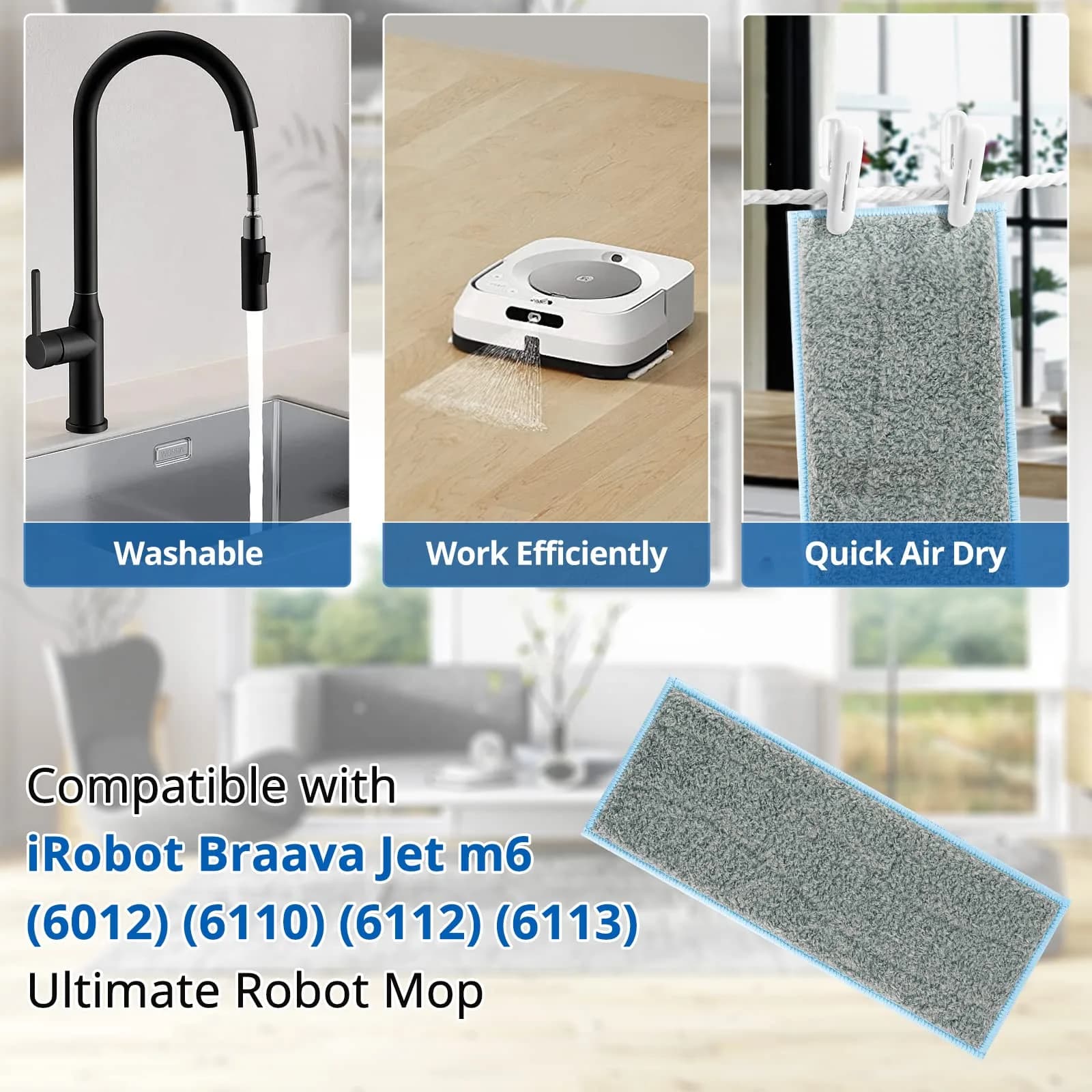 LINNIW M6 Wet Mopping Pads for iRobot Braava Jet M6 (6-Pack, Grey) | Washable & Reusable Microfiber Pads for Sealed Floors - view 2