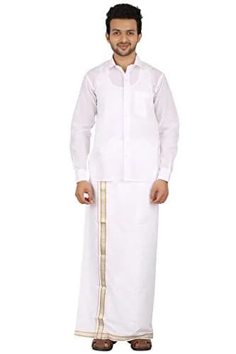 PRAKASAM COTTON Men's White Long Sleeve Regular Fit Mono Cotton Shirt 38 (101.6 cm) | Solid Weave for Ceremony thumbnail 4