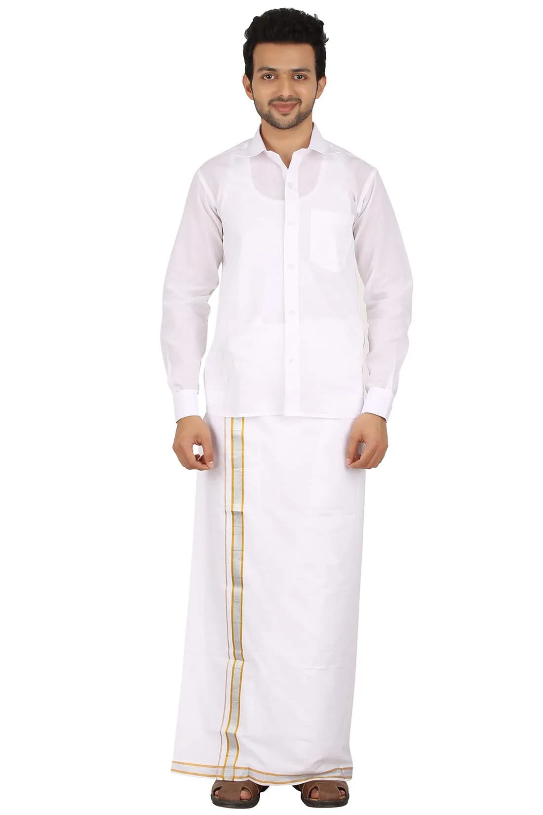 PRAKASAM COTTON Men's White Long Sleeve Regular Fit Mono Cotton Shirt 38 (101.6 cm) | Solid Weave for Ceremony - view 4